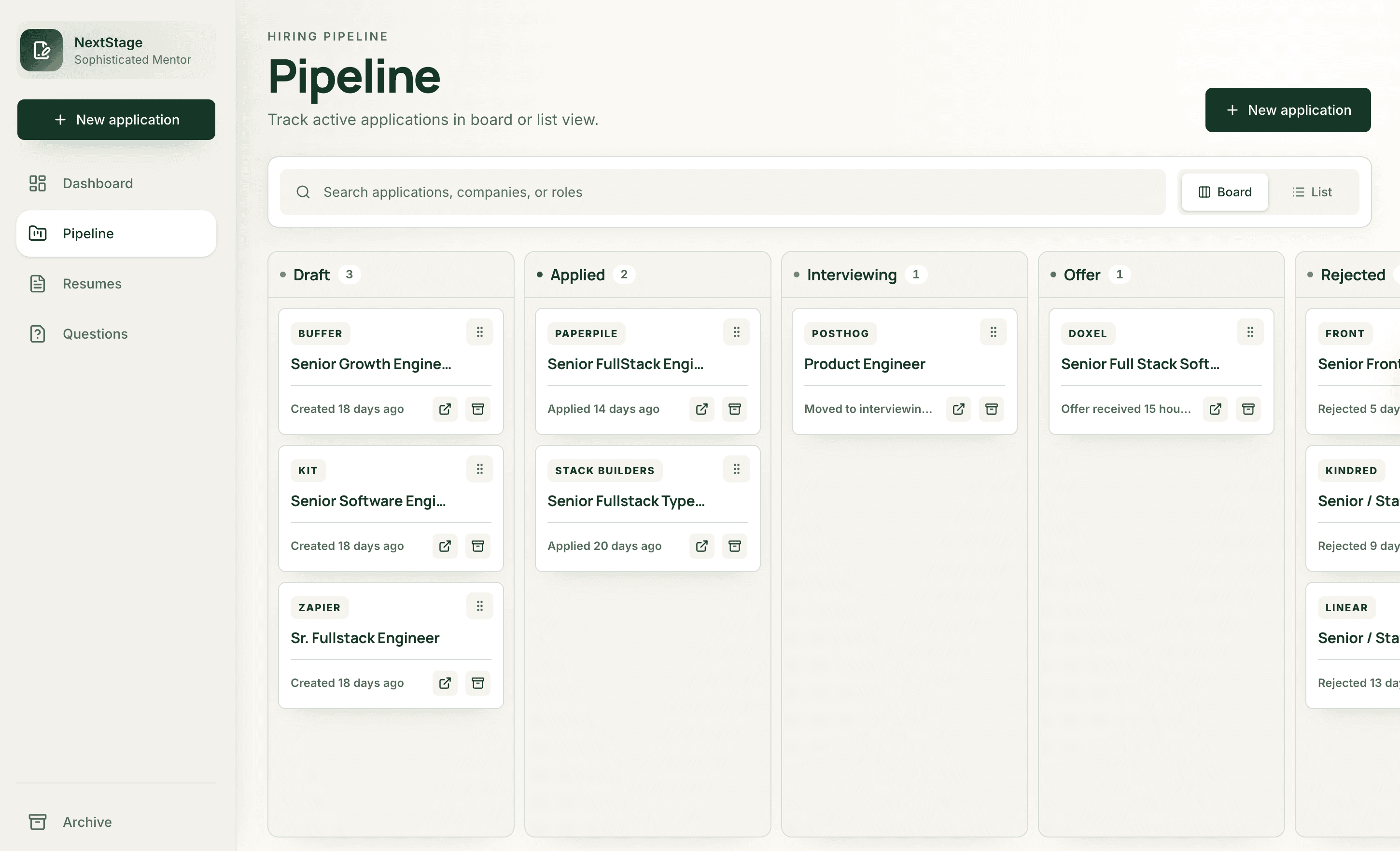 NextStage hiring pipeline dashboard